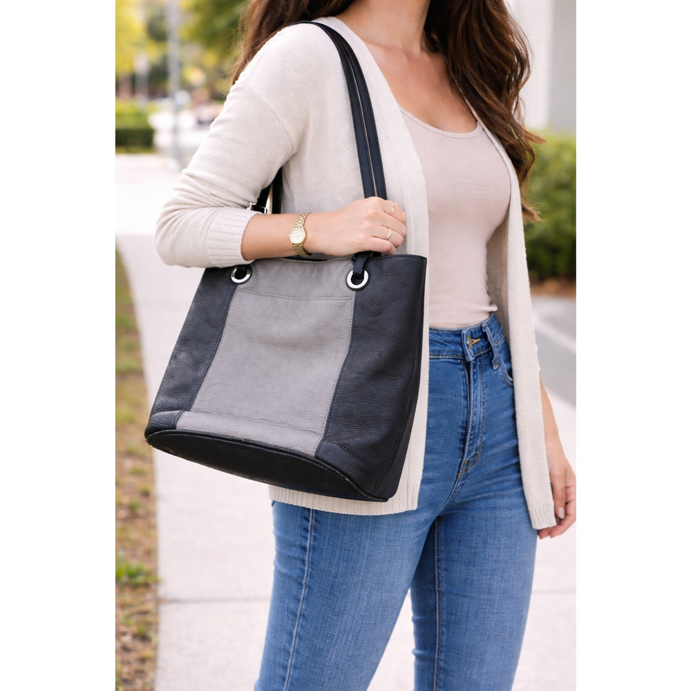 Michael Kors Jet Set Large Leather Tote Black Gray Pebbled Silver Accent 14x11x5